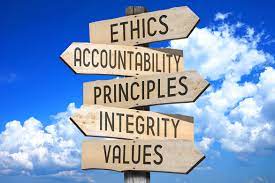 a picture of a signpost pointing to ethics, accountability, ownership, responsibility