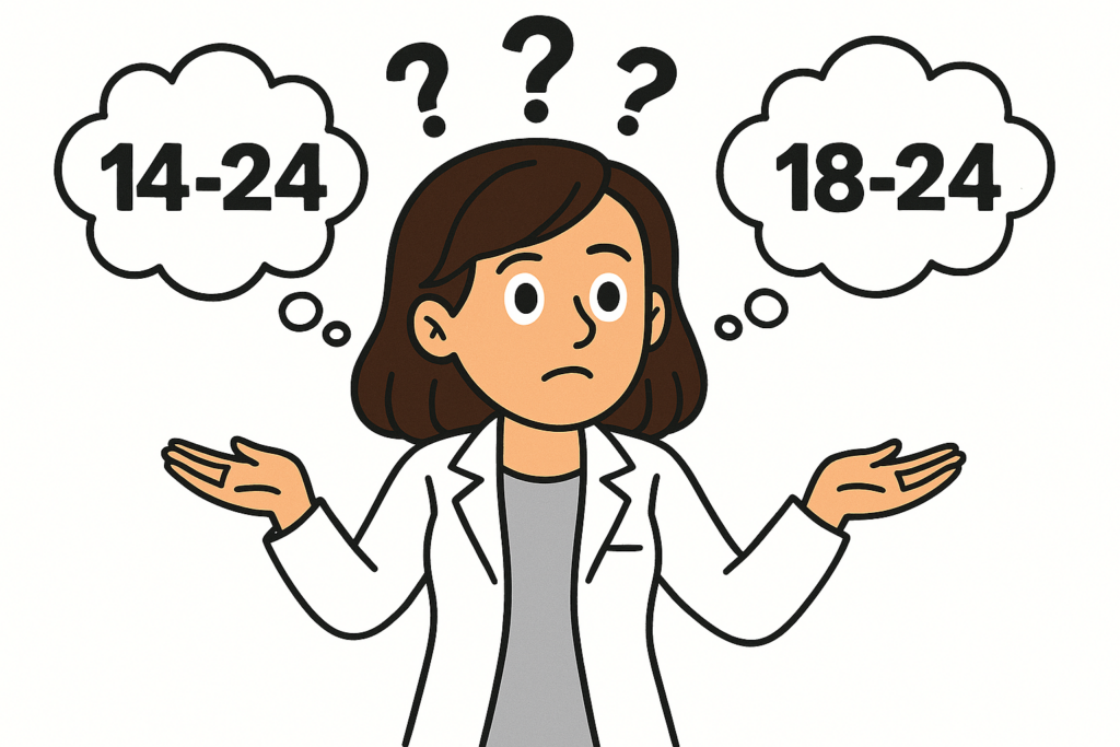 Cartoon girl with brown hair and wearing a white coat. Girl has two thought bubbles and question mark icons above her head. One thought bubble reads 14-24 and the other reads 18-24.